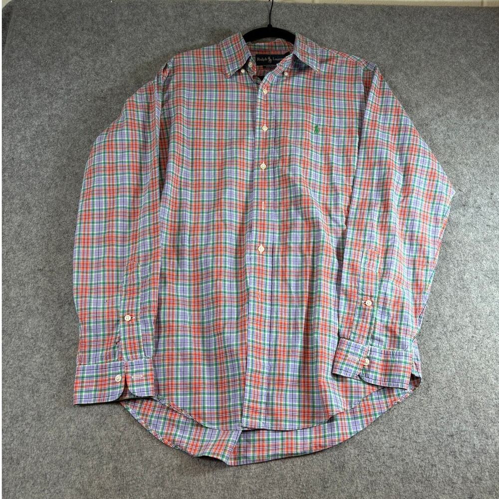 Vintage 90s Ralph Lauren Custom Fit Shirt Mens L Purple Orange Plaid Button Up